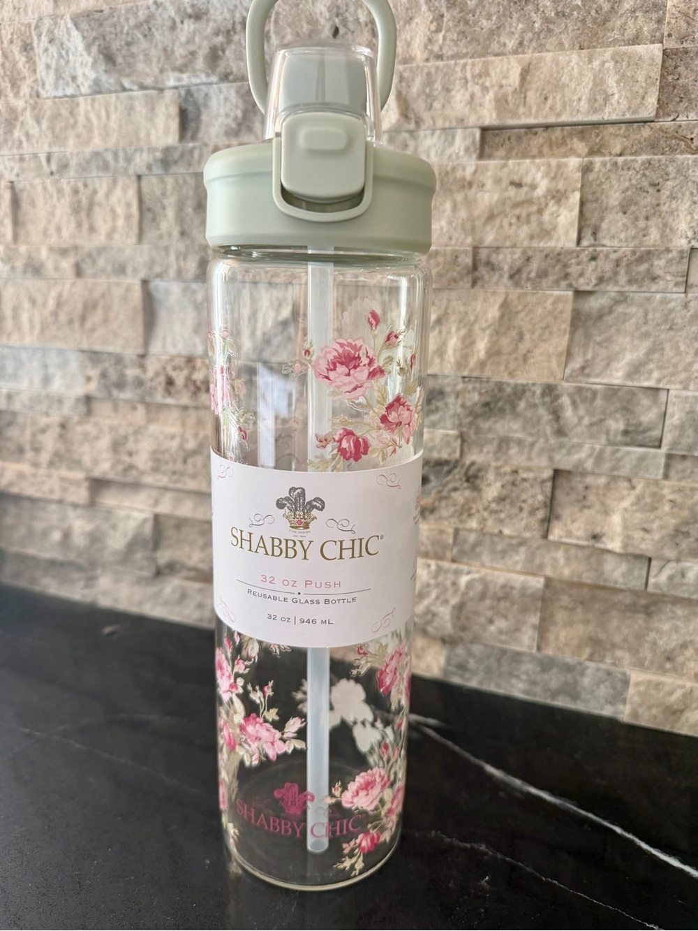Shabby Chic Mint Cap Floral Glass Water Bottle